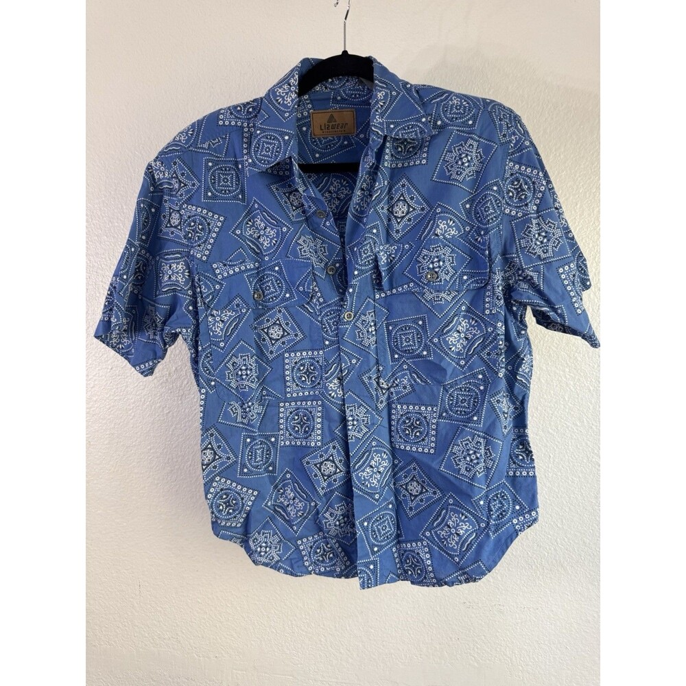 Liz Wear Button Up Western Womans Top Blue 100% Cotton Medium